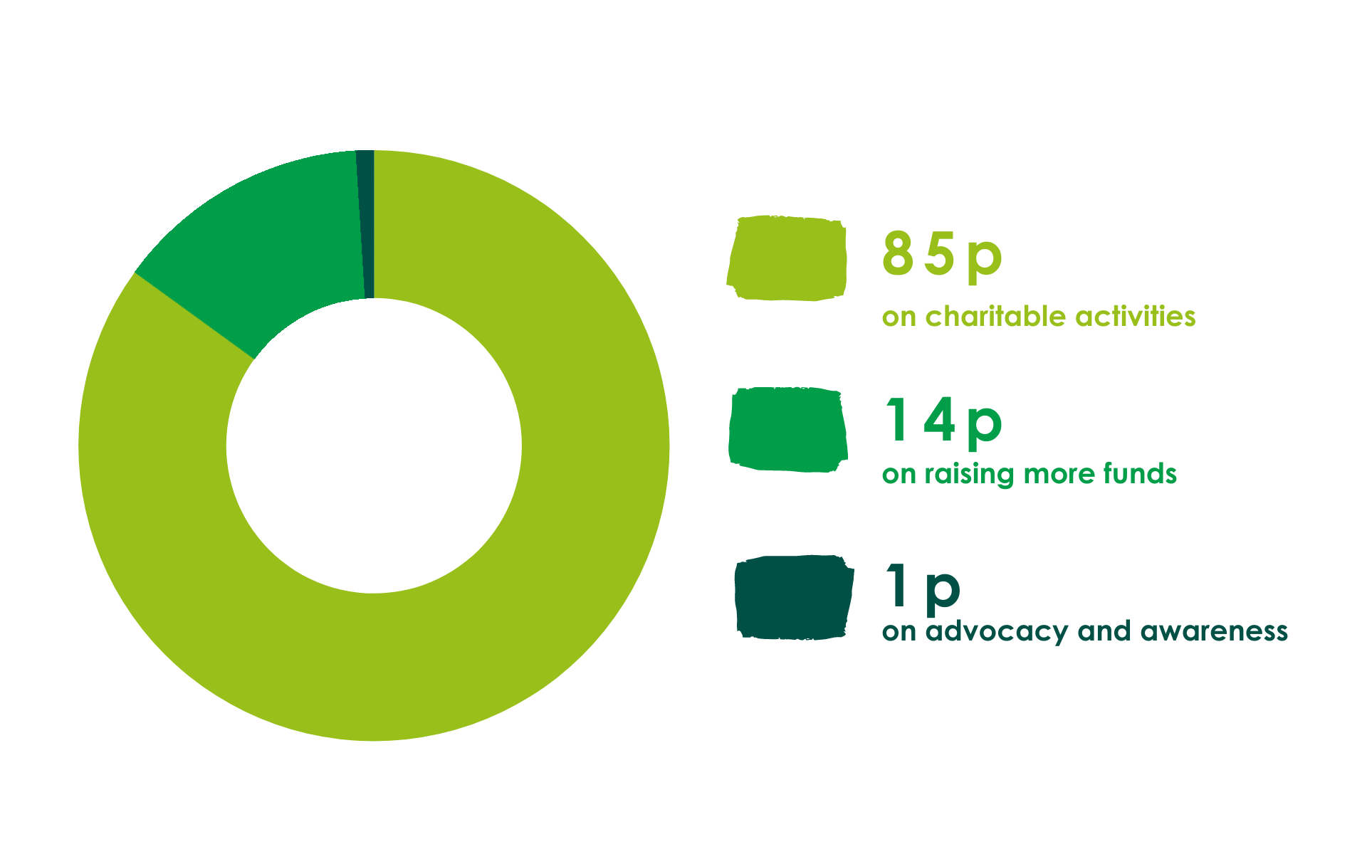For every £1 raised we spend 85p on our projects, 14p on raising the next pound and 1p on advocacy and awareness.