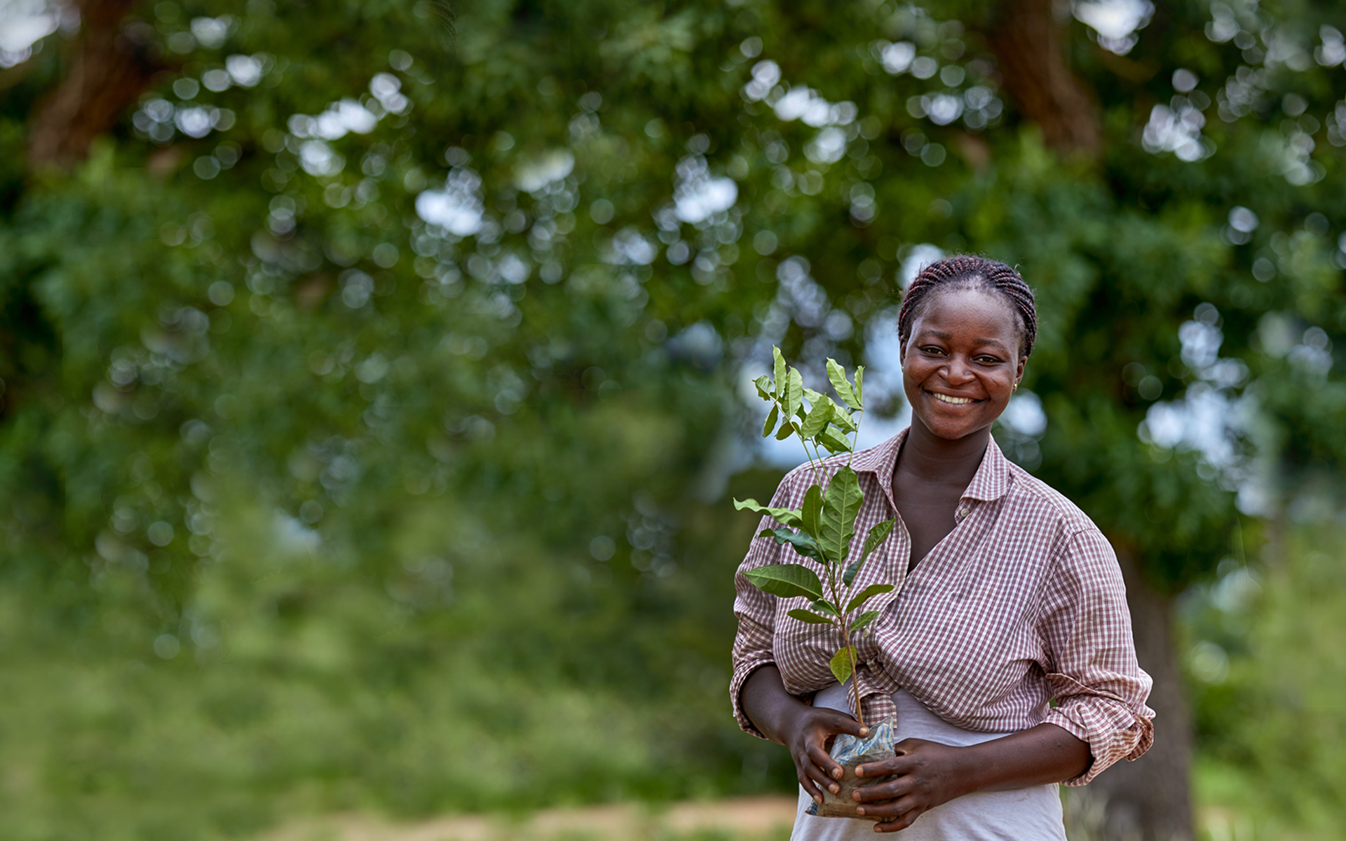 A woman smiling and holding a tree sapling that she will plant in her village in northern Ghana.