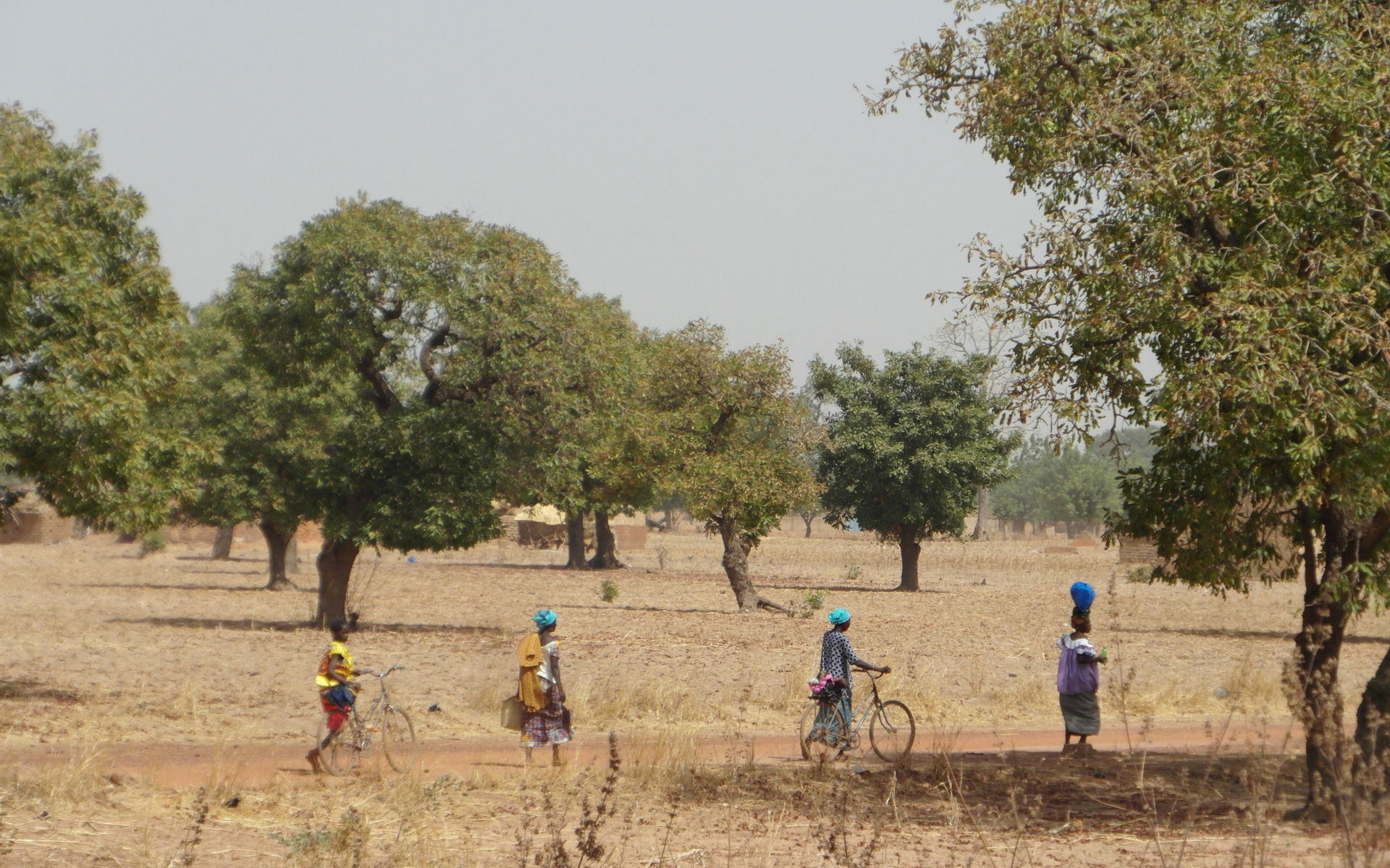 Women in the distance walking through their village.